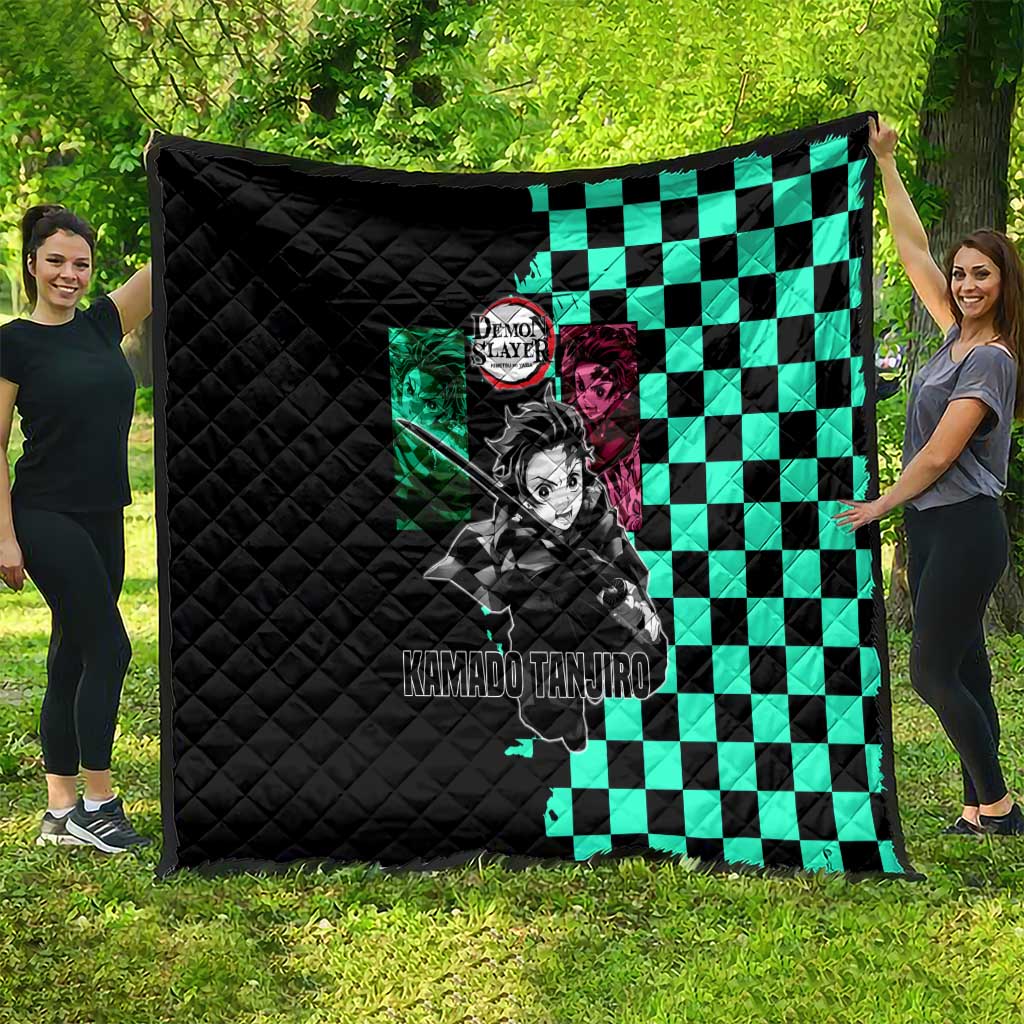 Tanjiro Kamado from Demon Slayer Quilt with Green Black Checkered Pattern and Water Breathing Sword Pose Design - The Mazicc