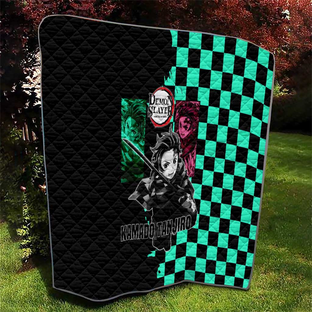 Tanjiro Kamado from Demon Slayer Quilt with Green Black Checkered Pattern and Water Breathing Sword Pose Design - The Mazicc