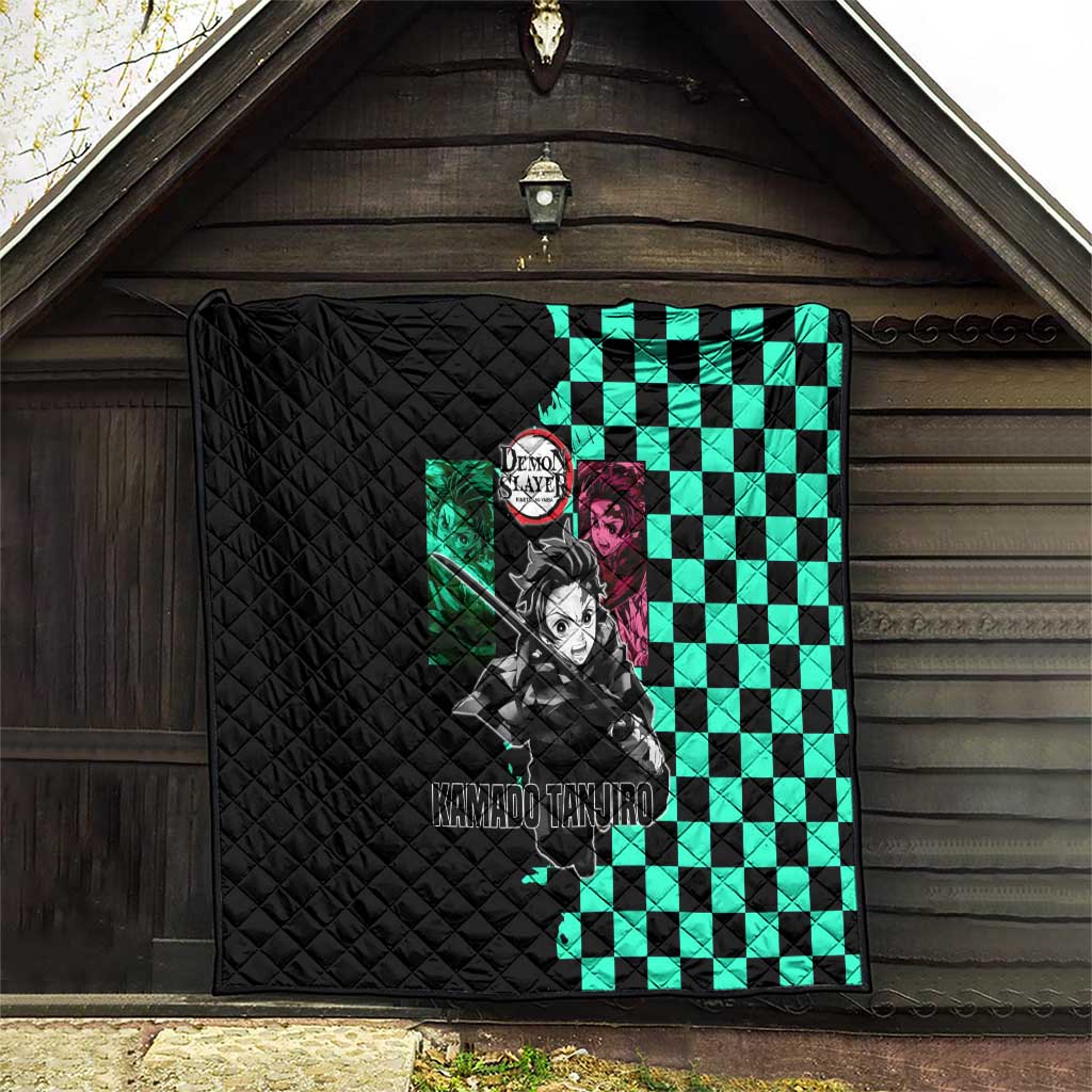 Tanjiro Kamado from Demon Slayer Quilt with Green Black Checkered Pattern and Water Breathing Sword Pose Design - The Mazicc