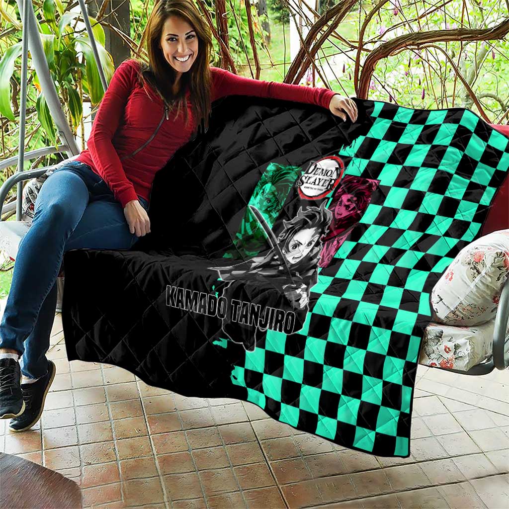 Tanjiro Kamado from Demon Slayer Quilt with Green Black Checkered Pattern and Water Breathing Sword Pose Design - The Mazicc