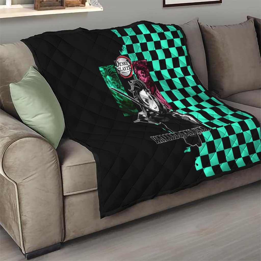 Tanjiro Kamado from Demon Slayer Quilt with Green Black Checkered Pattern and Water Breathing Sword Pose Design - The Mazicc