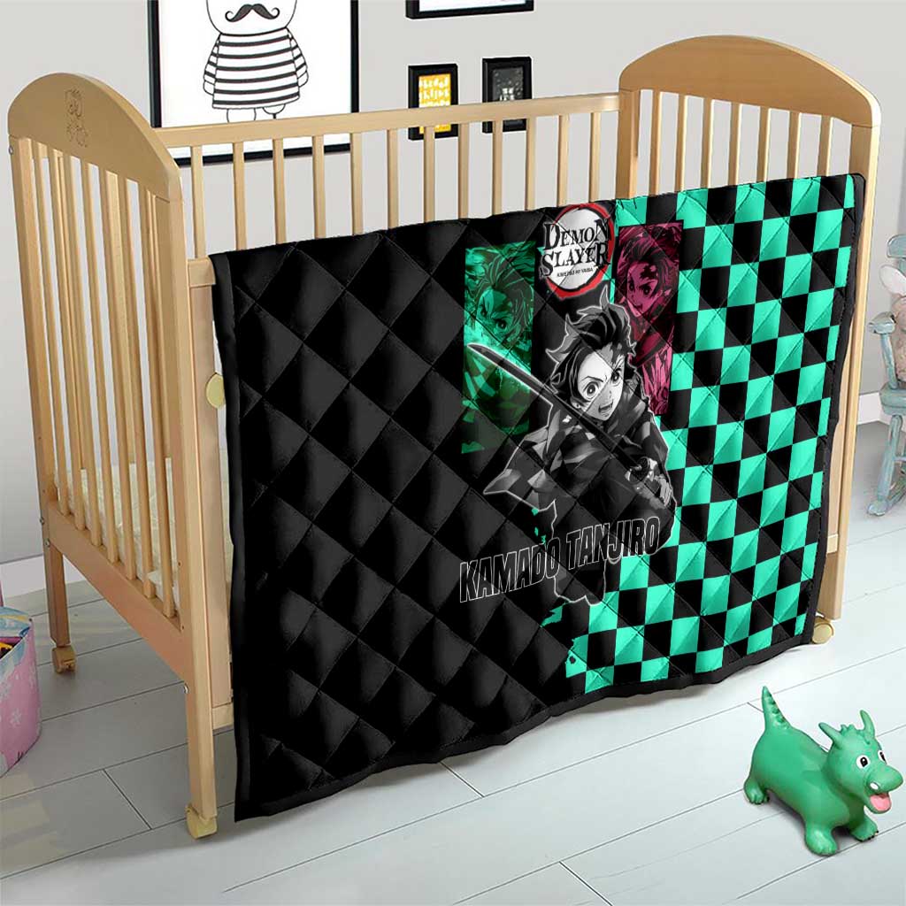 Tanjiro Kamado from Demon Slayer Quilt with Green Black Checkered Pattern and Water Breathing Sword Pose Design - The Mazicc