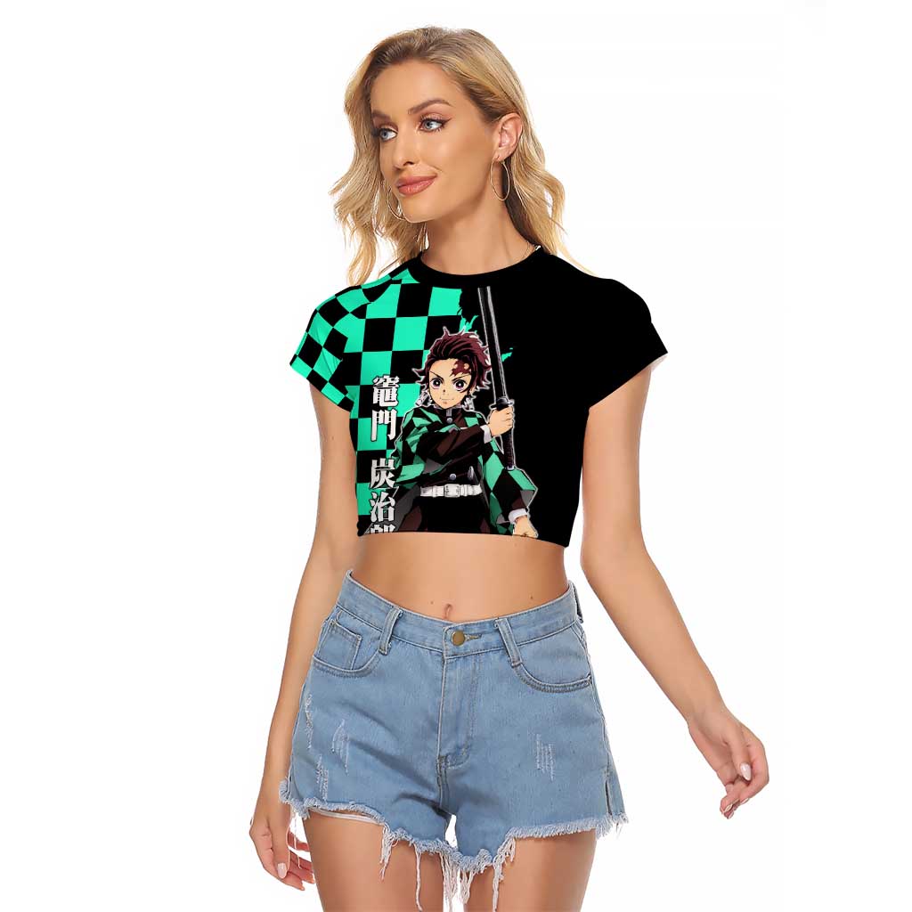 Tanjiro Kamado from Demon Slayer Raglan Cropped T Shirt with Green Black Checkered Pattern and Water Breathing Sword Pose Design - The Mazicc
