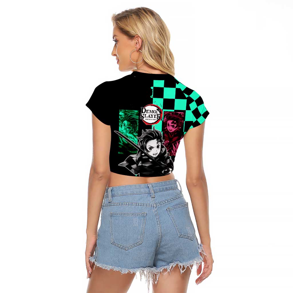 Tanjiro Kamado from Demon Slayer Raglan Cropped T Shirt with Green Black Checkered Pattern and Water Breathing Sword Pose Design - The Mazicc