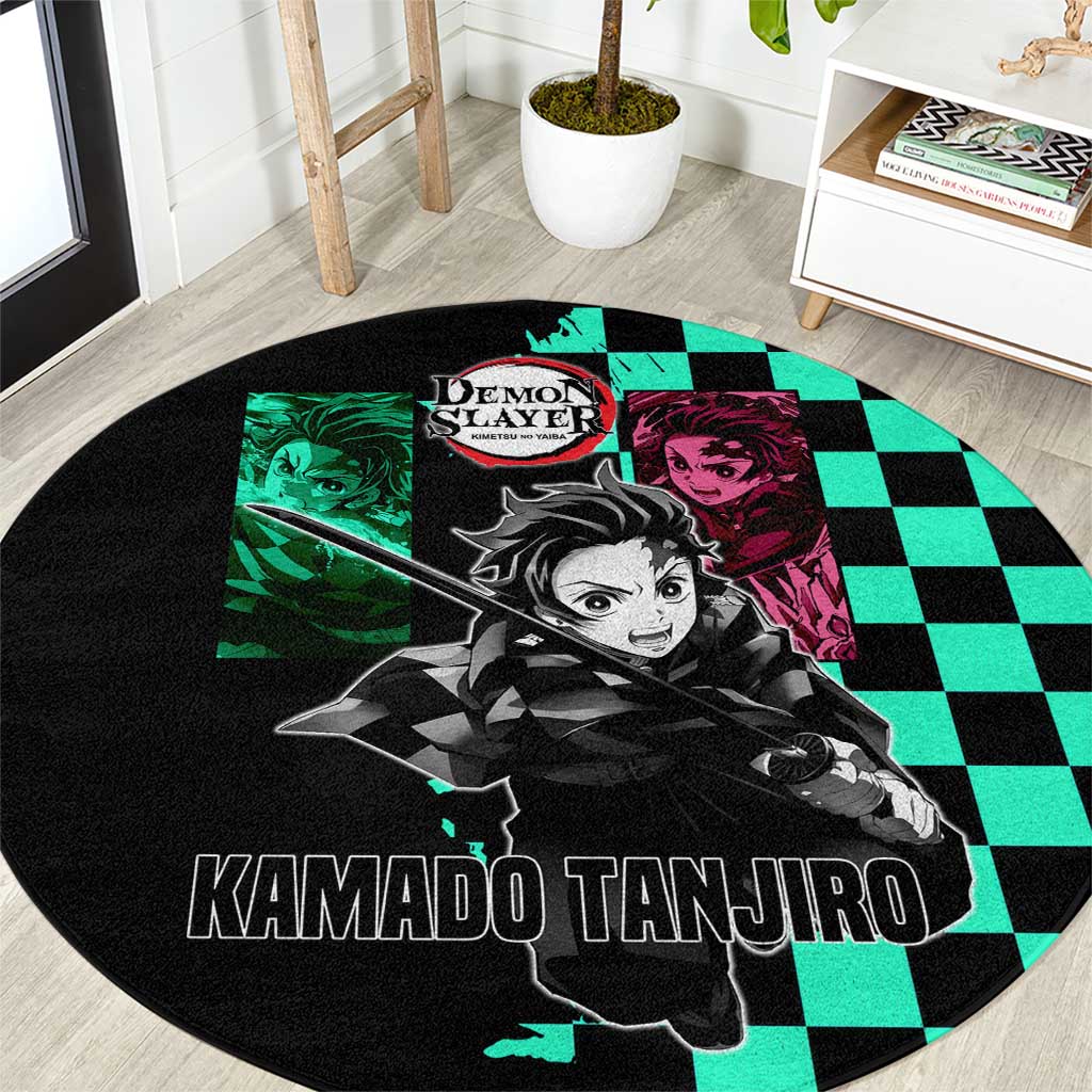Tanjiro Kamado from Demon Slayer Round Carpet with Green Black Checkered Pattern and Water Breathing Sword Pose Design - The Mazicc