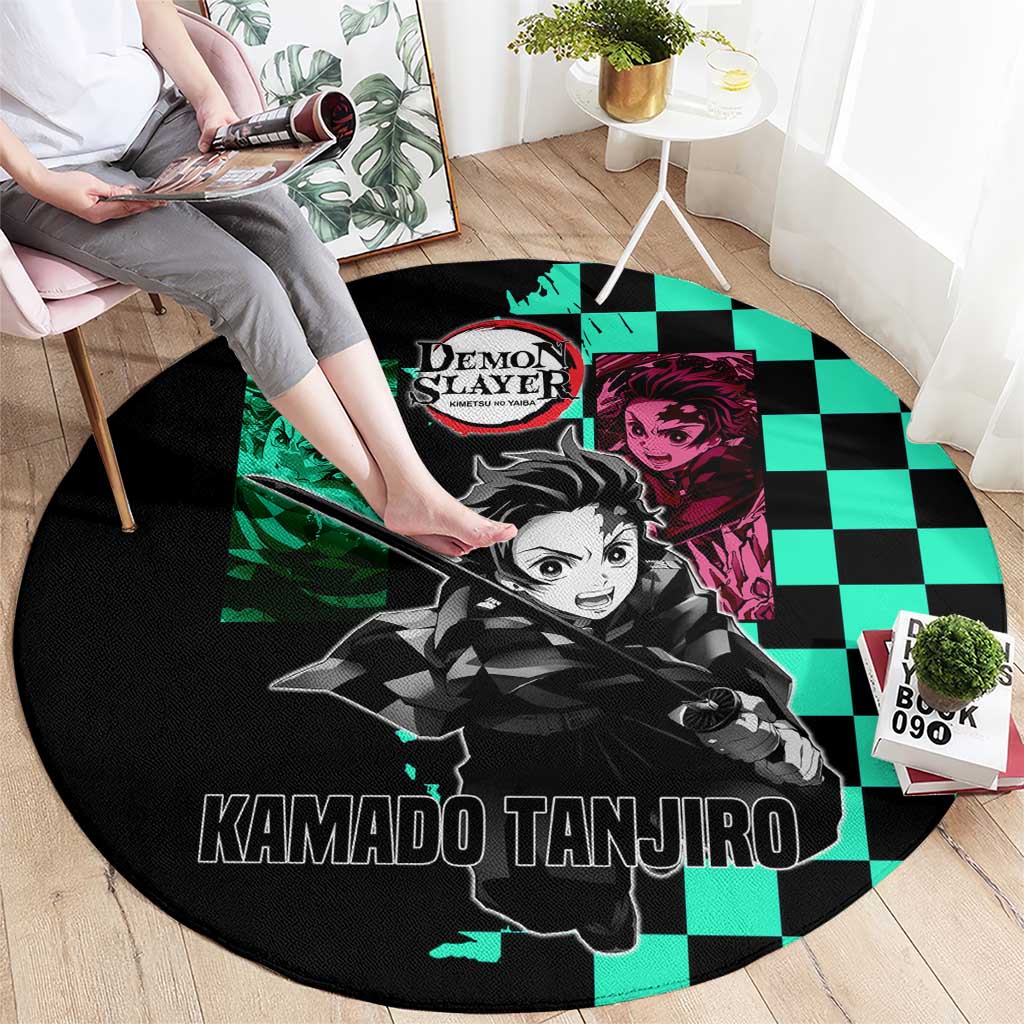 Tanjiro Kamado from Demon Slayer Round Carpet with Green Black Checkered Pattern and Water Breathing Sword Pose Design - The Mazicc