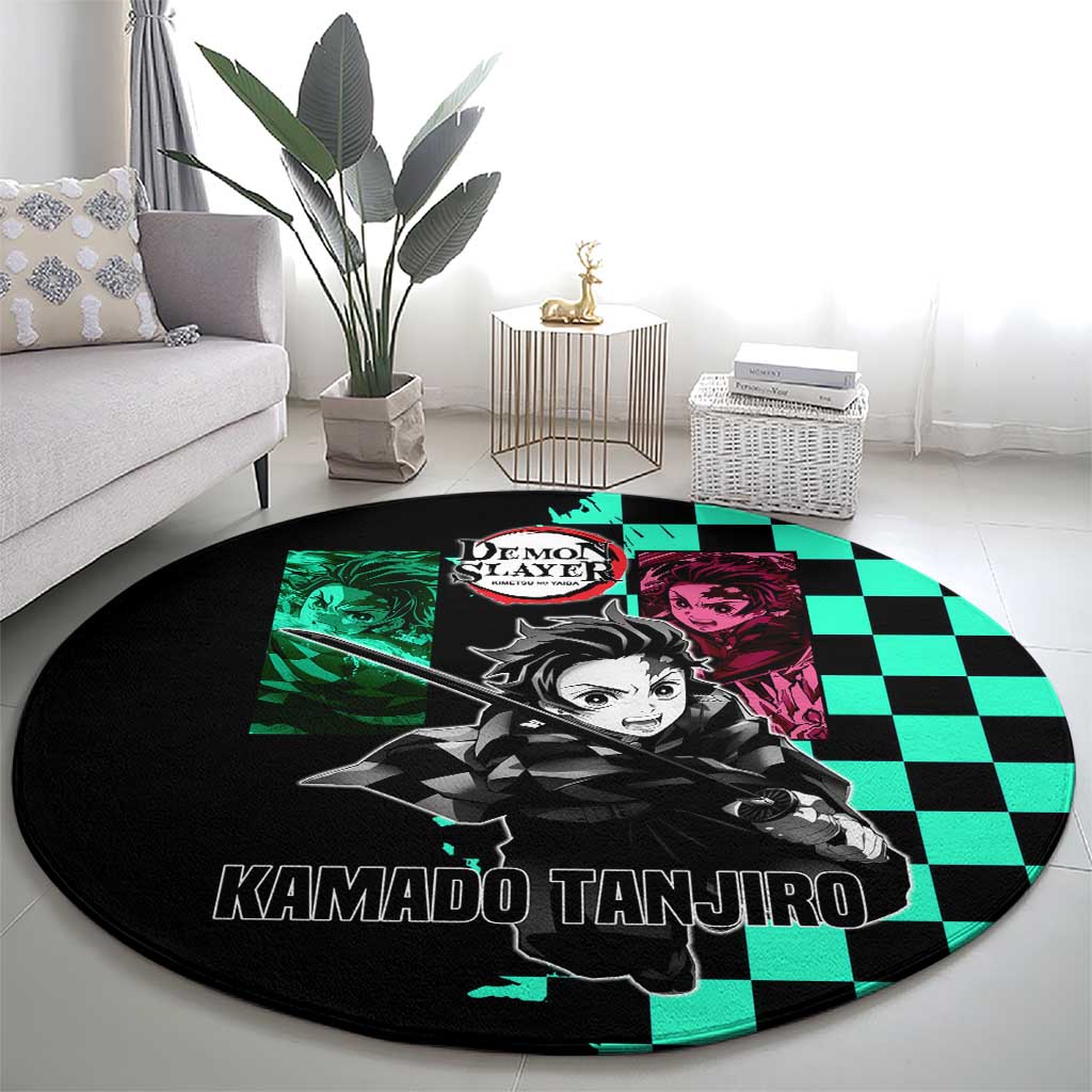 Tanjiro Kamado from Demon Slayer Round Carpet with Green Black Checkered Pattern and Water Breathing Sword Pose Design - The Mazicc