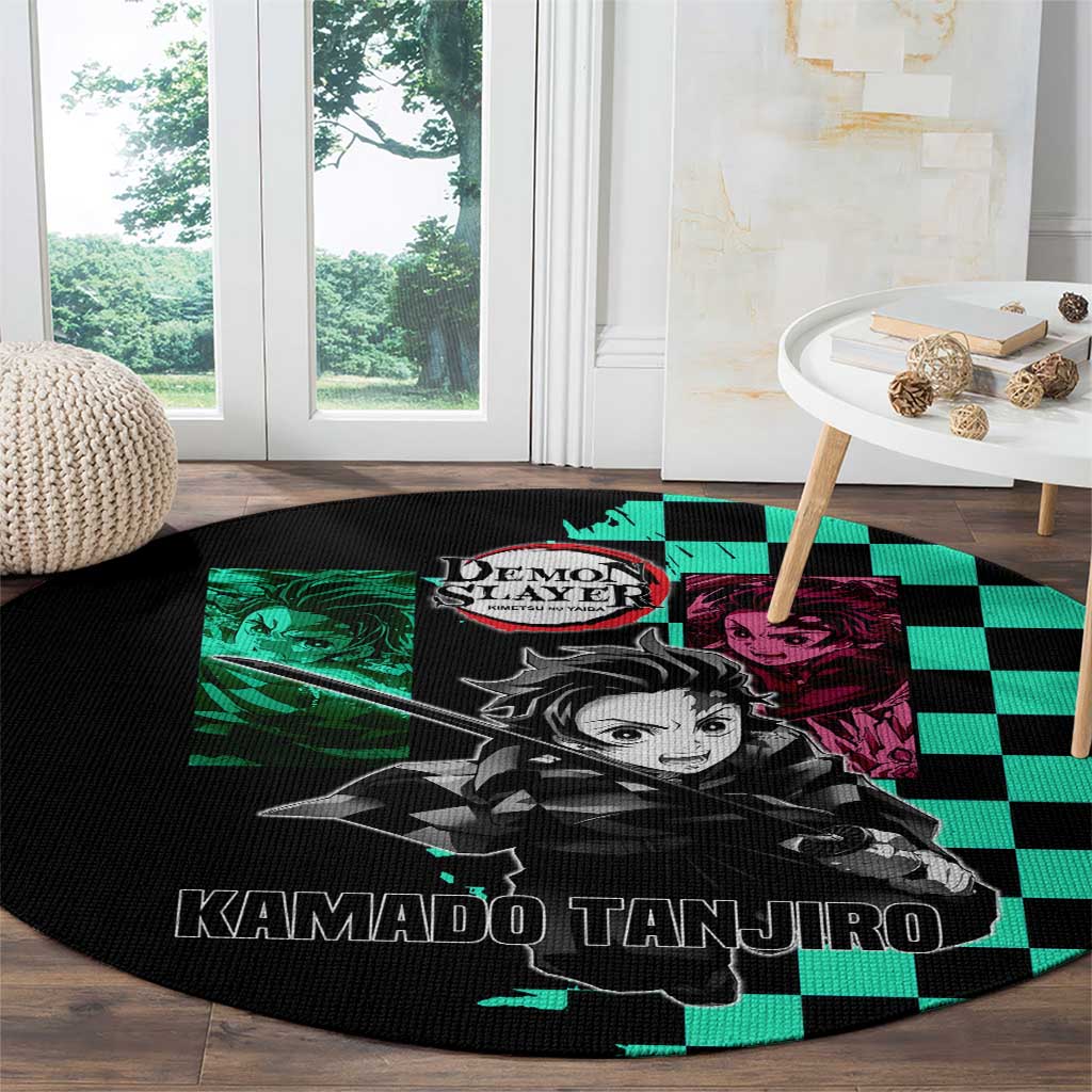 Tanjiro Kamado from Demon Slayer Round Carpet with Green Black Checkered Pattern and Water Breathing Sword Pose Design - The Mazicc
