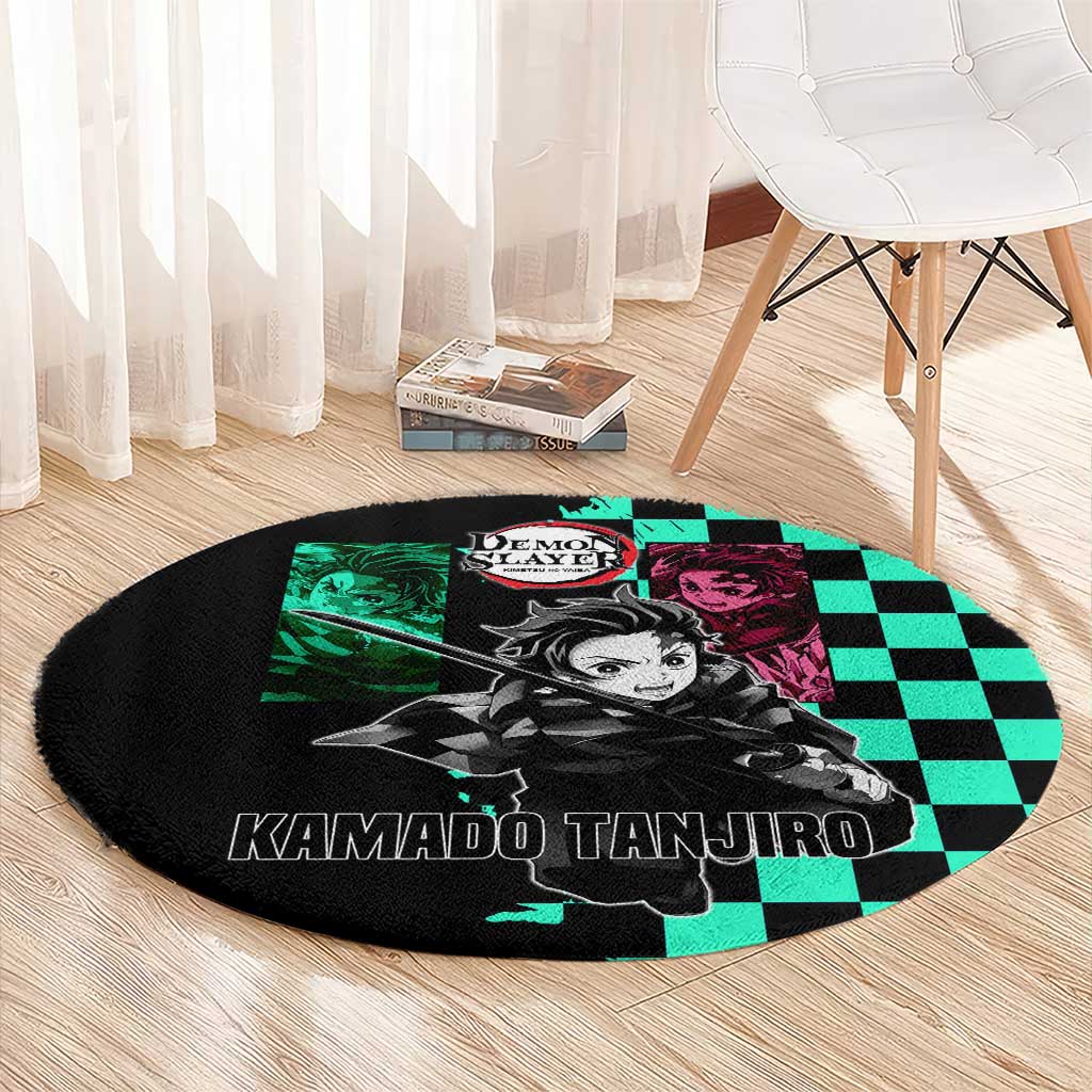 Tanjiro Kamado from Demon Slayer Round Carpet with Green Black Checkered Pattern and Water Breathing Sword Pose Design - The Mazicc