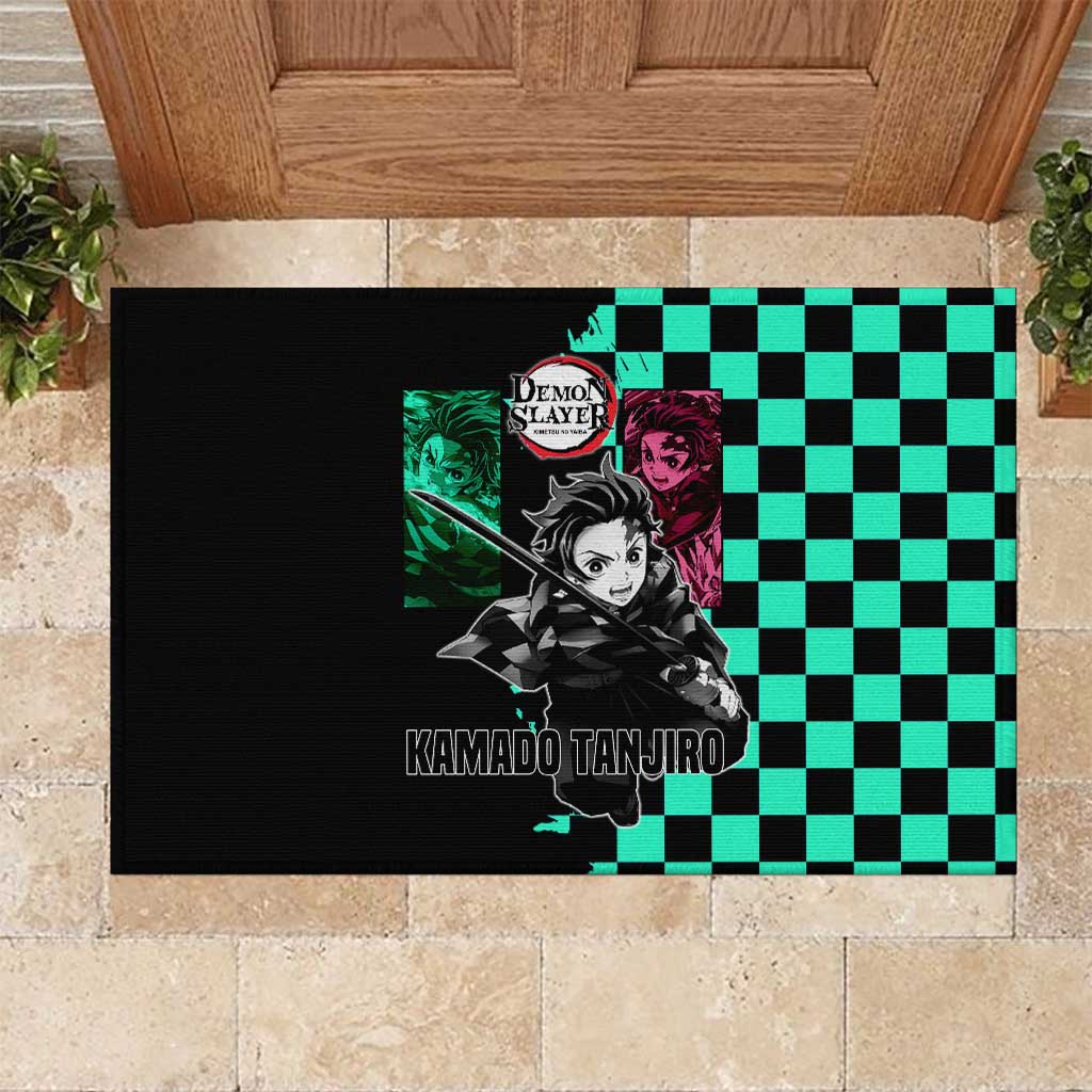 Tanjiro Kamado from Demon Slayer Rubber Doormat with Green Black Checkered Pattern and Water Breathing Sword Pose Design - The Mazicc