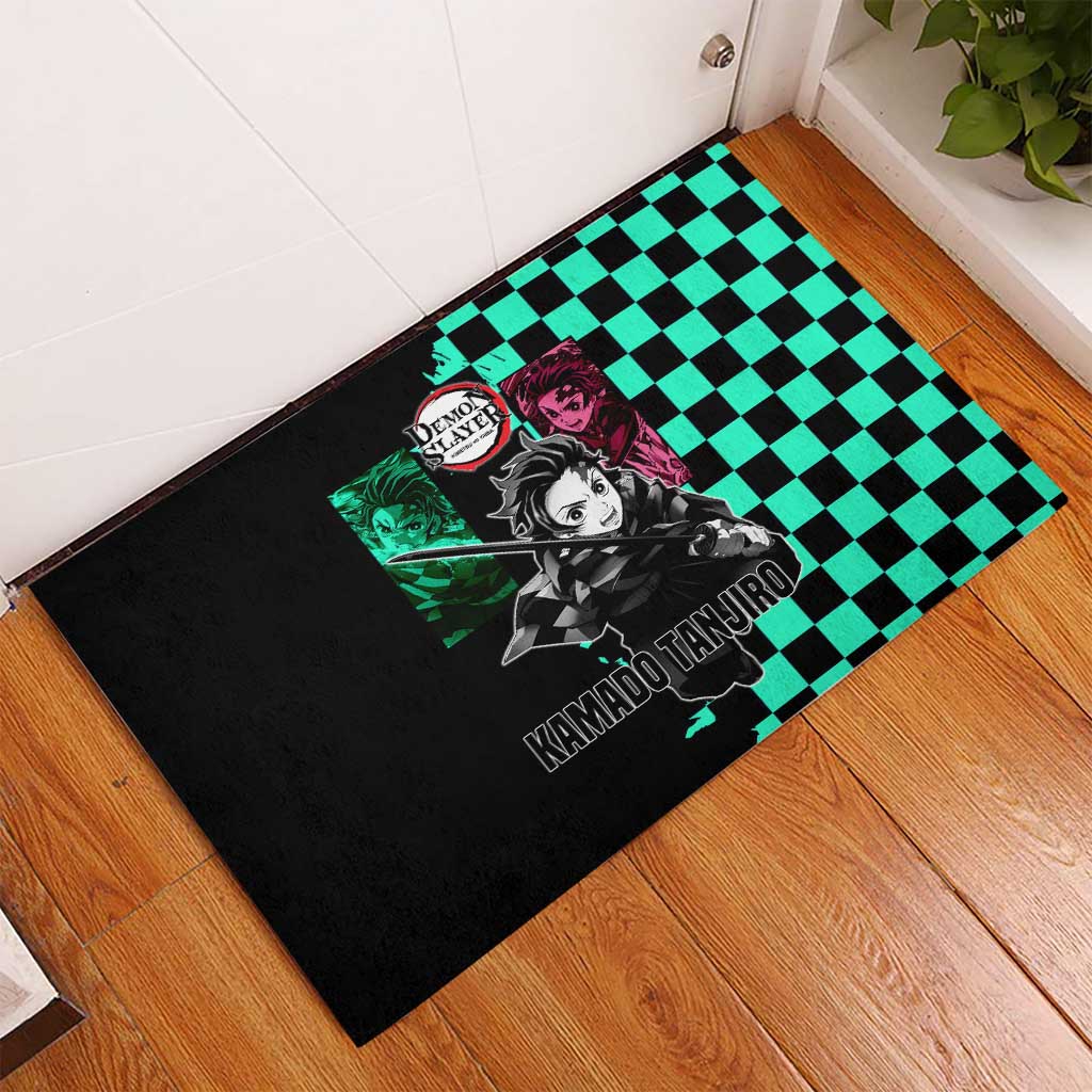 Tanjiro Kamado from Demon Slayer Rubber Doormat with Green Black Checkered Pattern and Water Breathing Sword Pose Design - The Mazicc