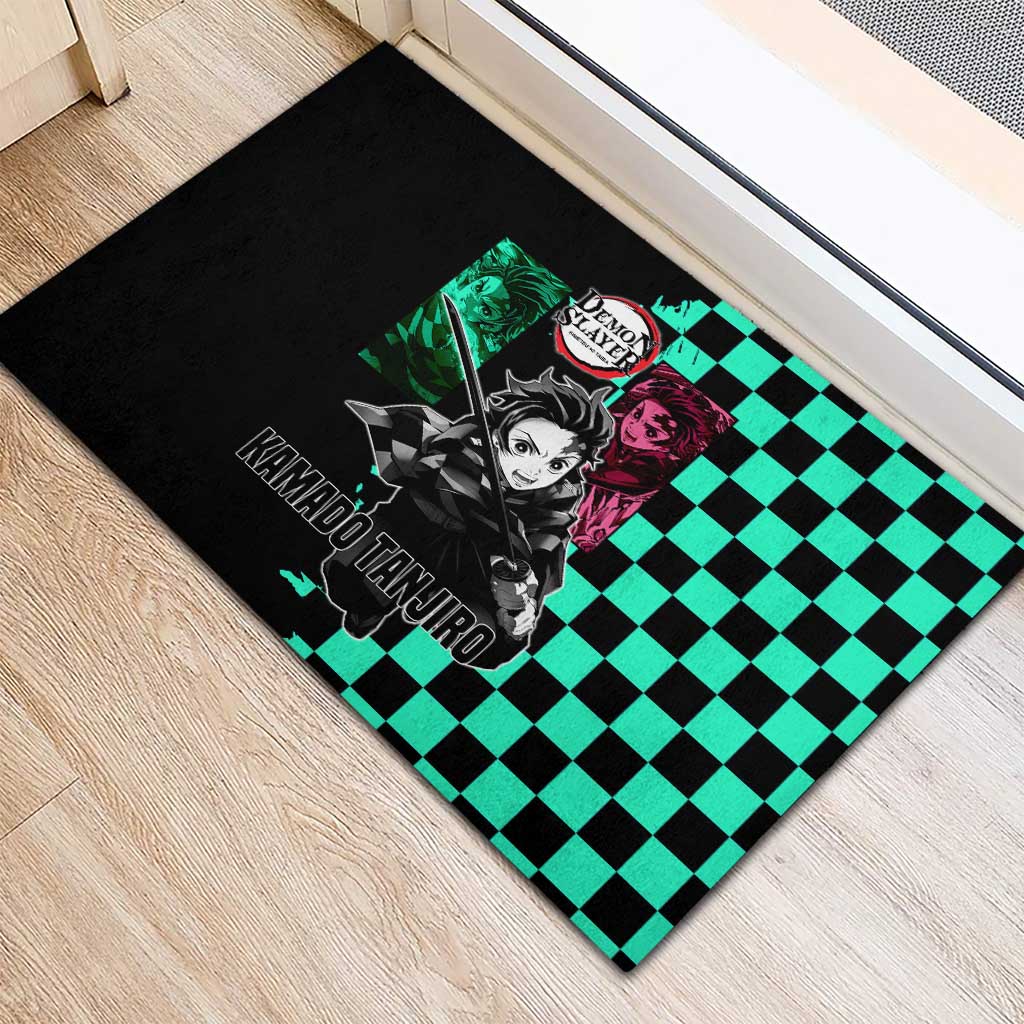 Tanjiro Kamado from Demon Slayer Rubber Doormat with Green Black Checkered Pattern and Water Breathing Sword Pose Design - The Mazicc