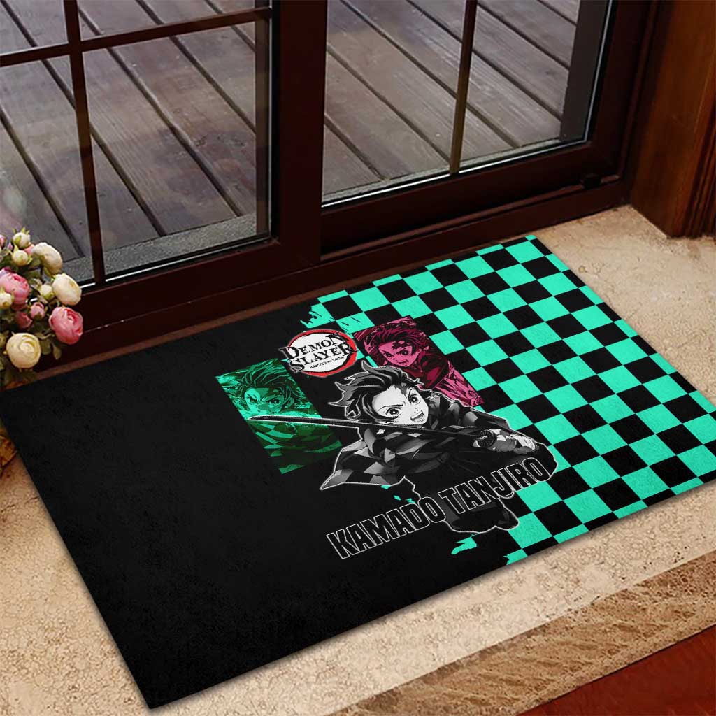 Tanjiro Kamado from Demon Slayer Rubber Doormat with Green Black Checkered Pattern and Water Breathing Sword Pose Design - The Mazicc