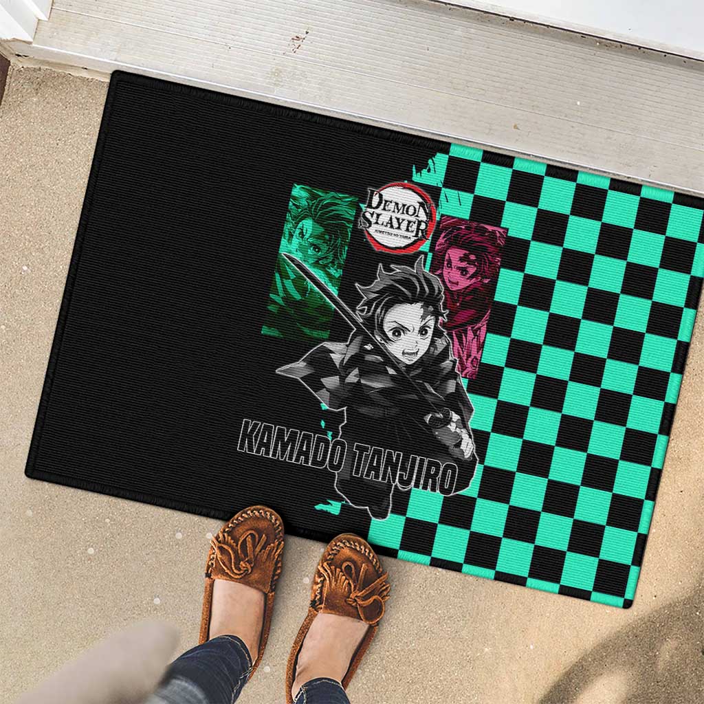 Tanjiro Kamado from Demon Slayer Rubber Doormat with Green Black Checkered Pattern and Water Breathing Sword Pose Design - The Mazicc
