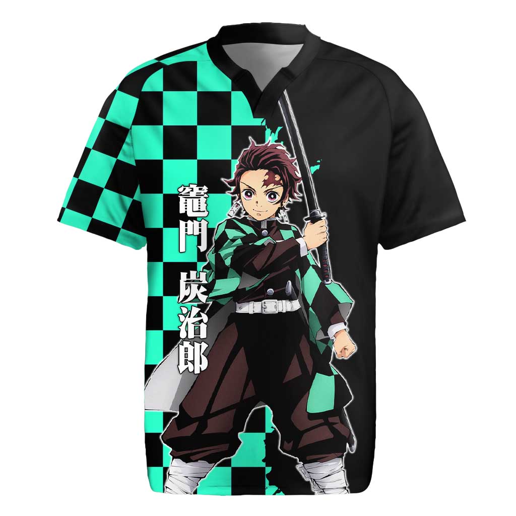 Tanjiro Kamado from Demon Slayer Rugby Jersey with Green Black Checkered Pattern and Water Breathing Sword Pose Design - The Mazicc