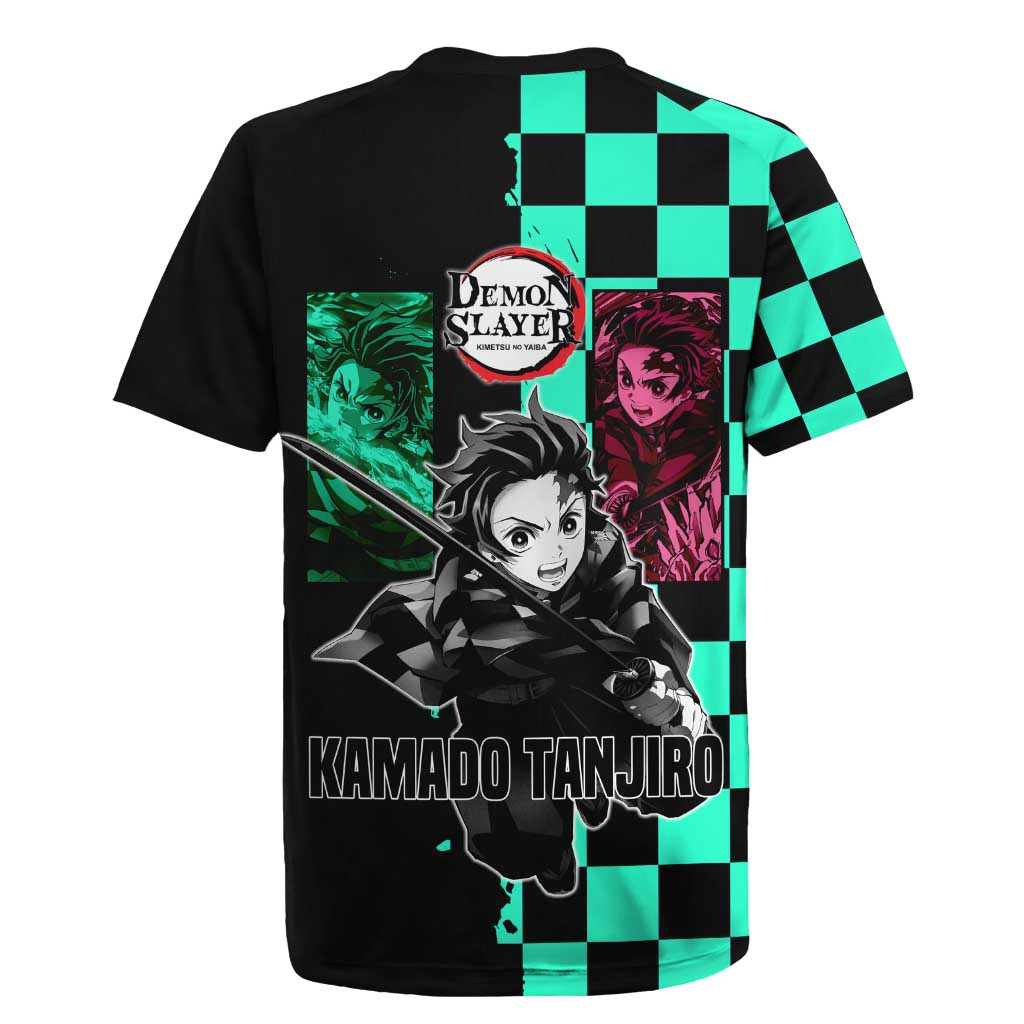 Tanjiro Kamado from Demon Slayer Rugby Jersey with Green Black Checkered Pattern and Water Breathing Sword Pose Design - The Mazicc