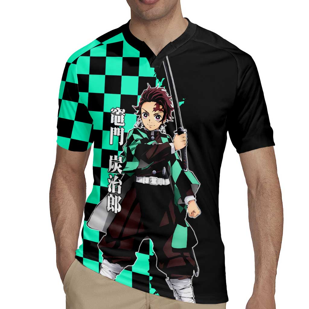 Tanjiro Kamado from Demon Slayer Rugby Jersey with Green Black Checkered Pattern and Water Breathing Sword Pose Design - The Mazicc