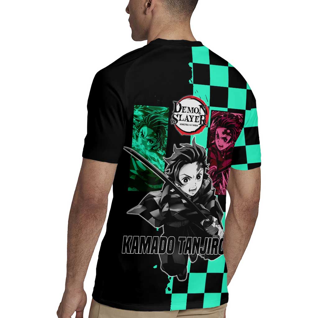 Tanjiro Kamado from Demon Slayer Rugby Jersey with Green Black Checkered Pattern and Water Breathing Sword Pose Design - The Mazicc
