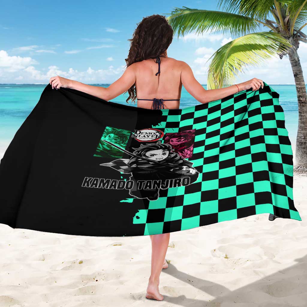 Tanjiro Kamado from Demon Slayer Sarong with Green Black Checkered Pattern and Water Breathing Sword Pose Design - The Mazicc