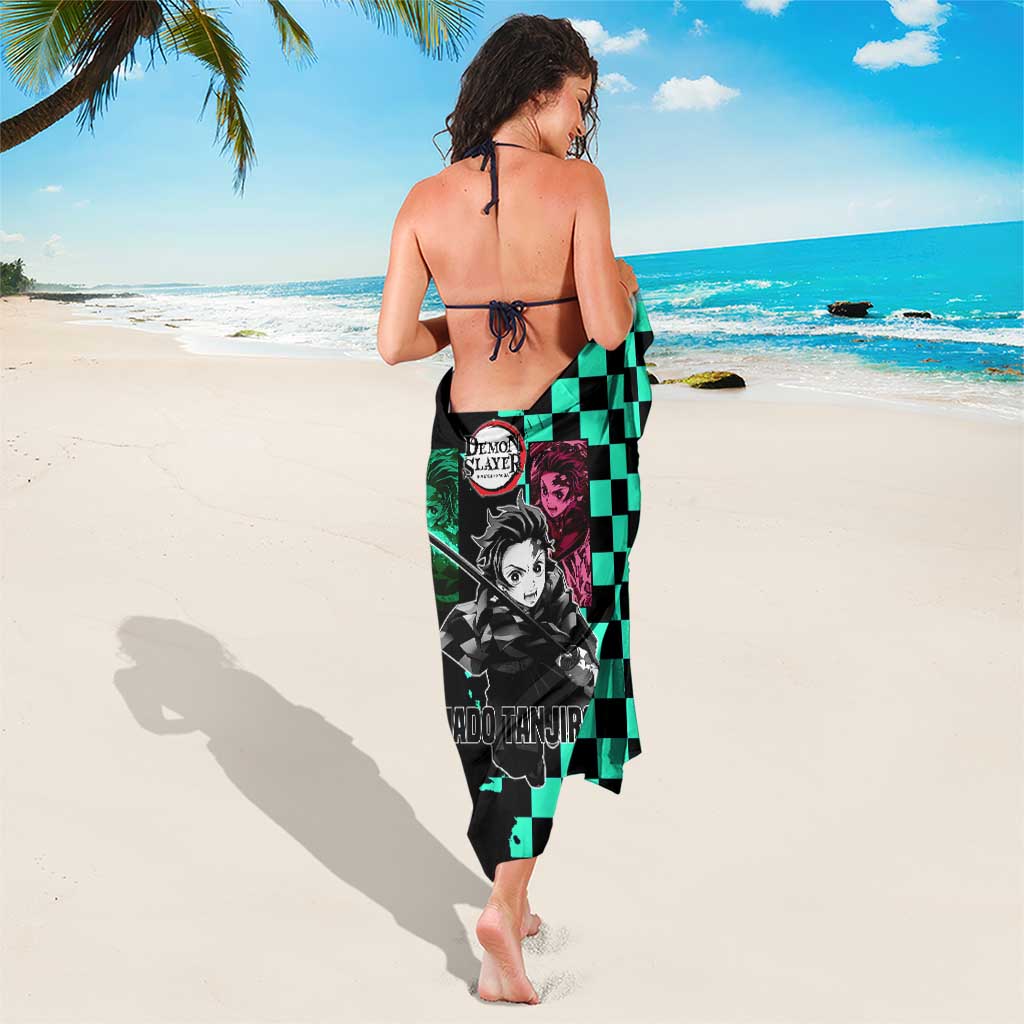Tanjiro Kamado from Demon Slayer Sarong with Green Black Checkered Pattern and Water Breathing Sword Pose Design - The Mazicc