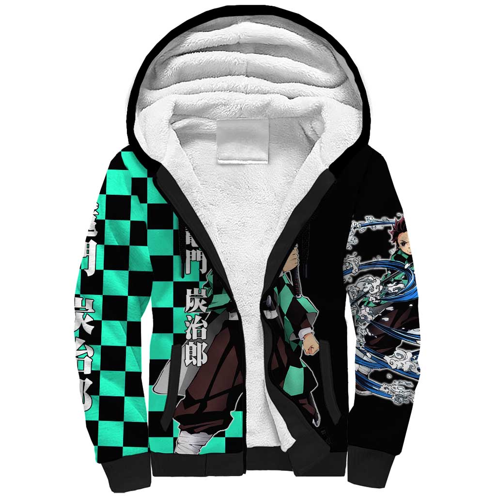 Tanjiro Kamado from Demon Slayer Sherpa Hoodie with Green Black Checkered Pattern and Water Breathing Sword Pose Design - The Mazicc