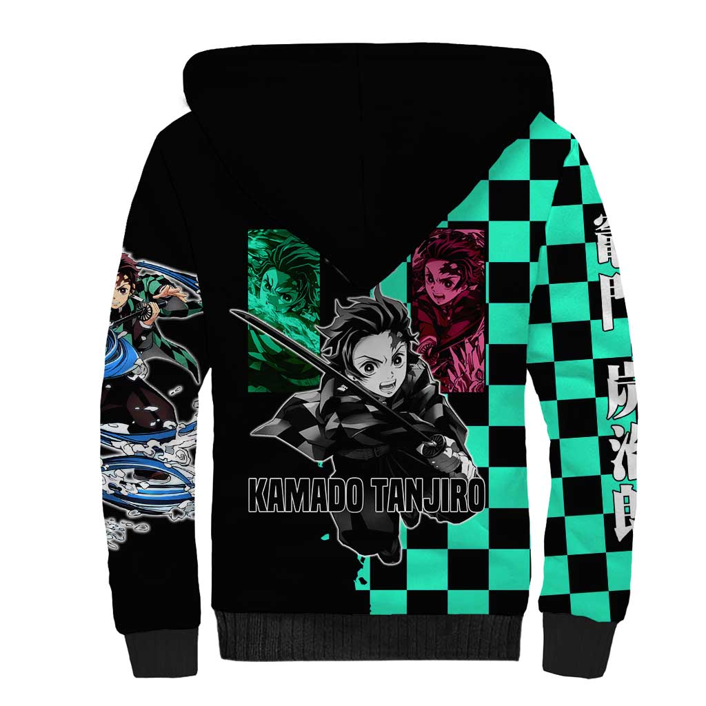 Tanjiro Kamado from Demon Slayer Sherpa Hoodie with Green Black Checkered Pattern and Water Breathing Sword Pose Design - The Mazicc