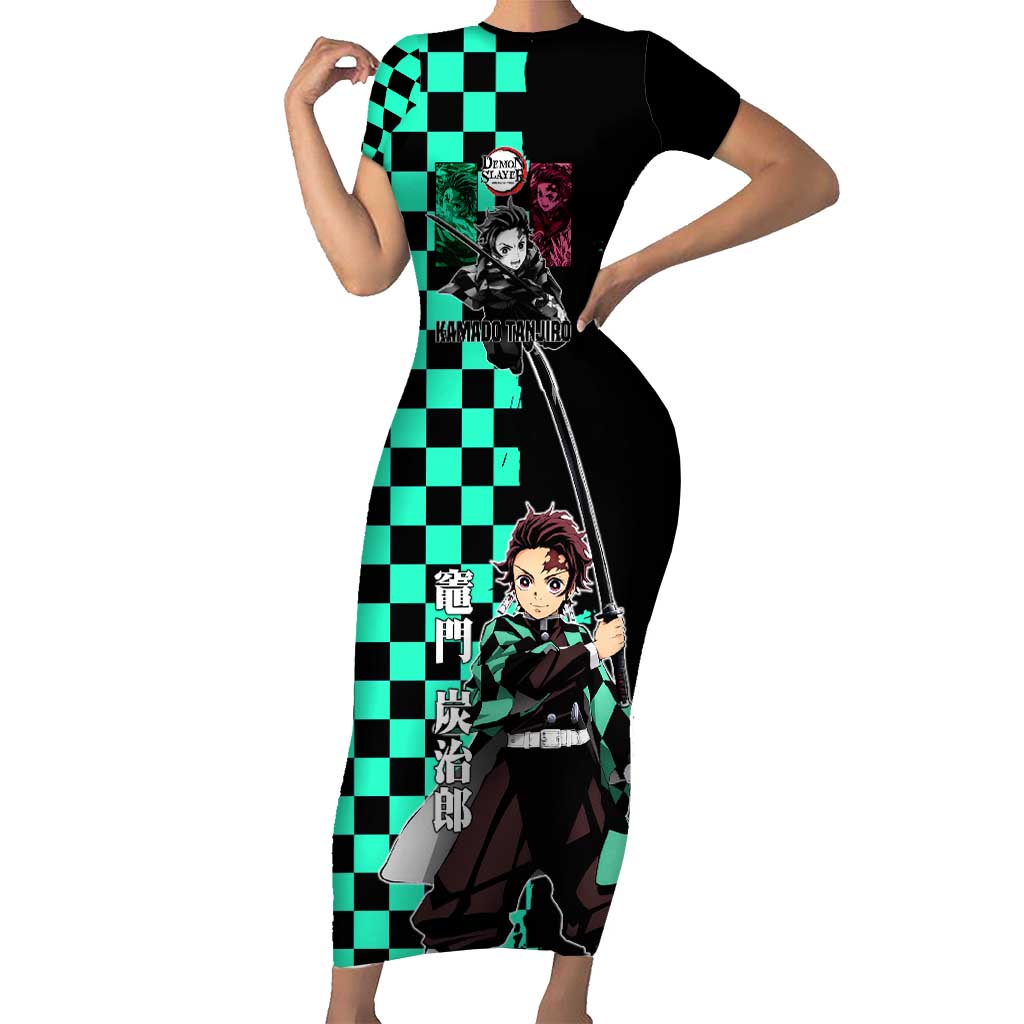 Tanjiro Kamado from Demon Slayer Short Sleeve Bodycon Dress with Green Black Checkered Pattern and Water Breathing Sword Pose Design - The Mazicc