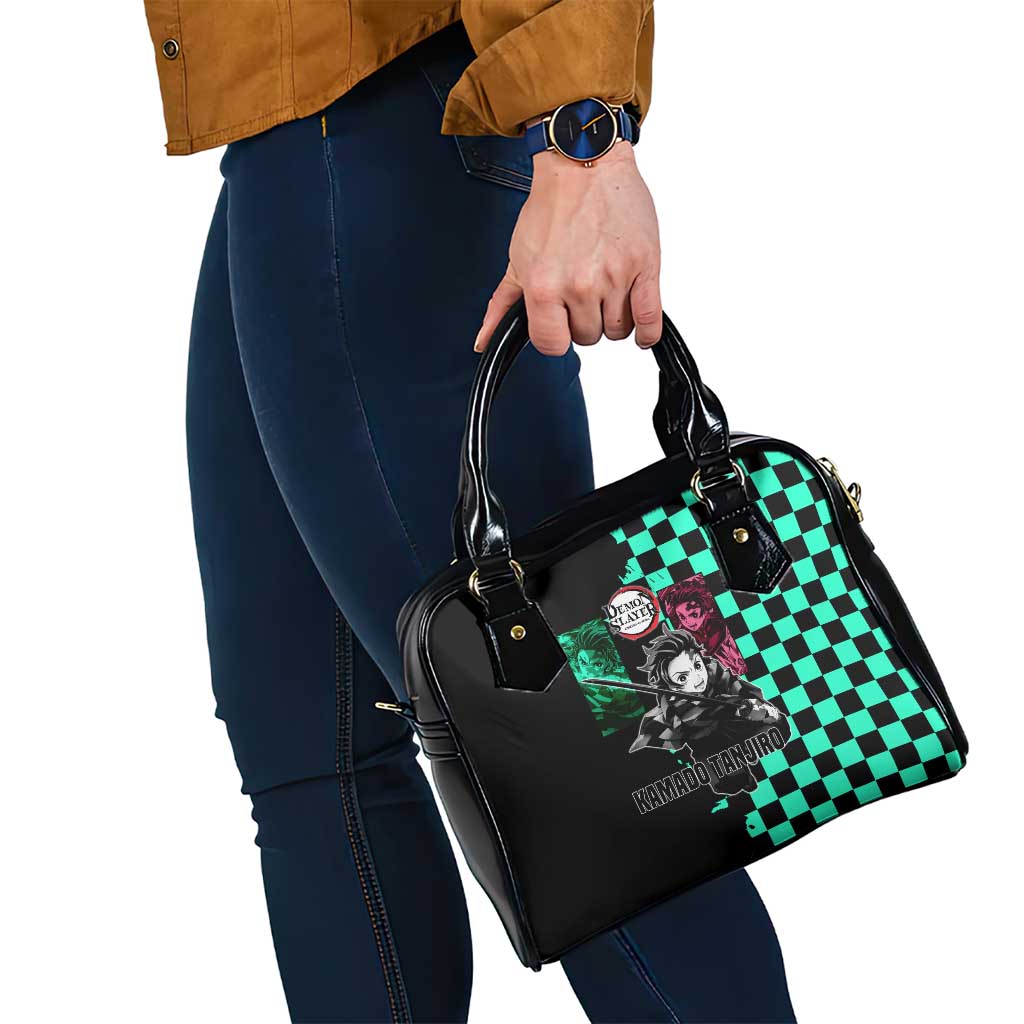 Tanjiro Kamado from Demon Slayer Shoulder Handbag with Green Black Checkered Pattern and Water Breathing Sword Pose Design - The Mazicc