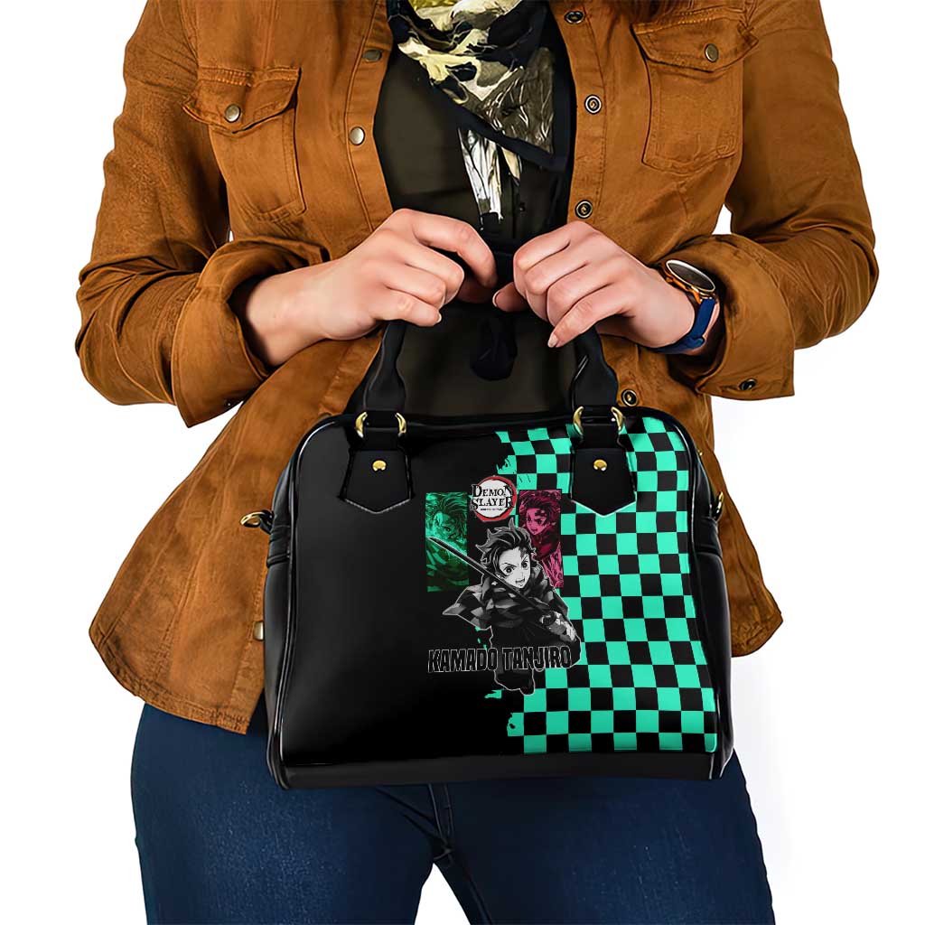 Tanjiro Kamado from Demon Slayer Shoulder Handbag with Green Black Checkered Pattern and Water Breathing Sword Pose Design - The Mazicc