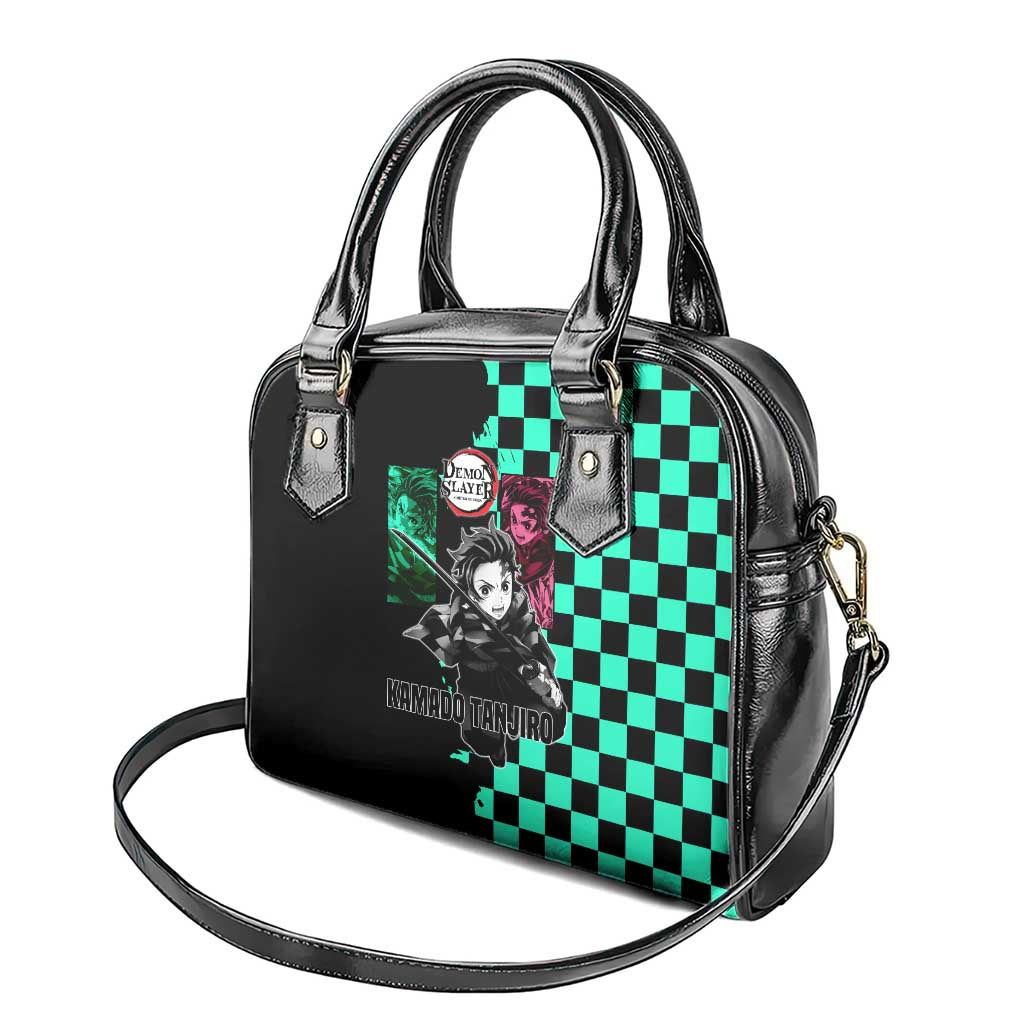 Tanjiro Kamado from Demon Slayer Shoulder Handbag with Green Black Checkered Pattern and Water Breathing Sword Pose Design - The Mazicc