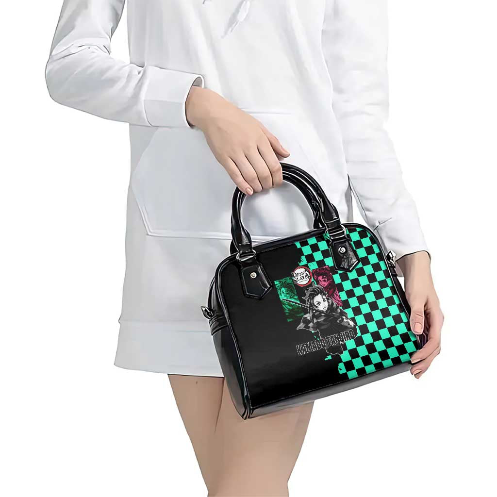 Tanjiro Kamado from Demon Slayer Shoulder Handbag with Green Black Checkered Pattern and Water Breathing Sword Pose Design - The Mazicc