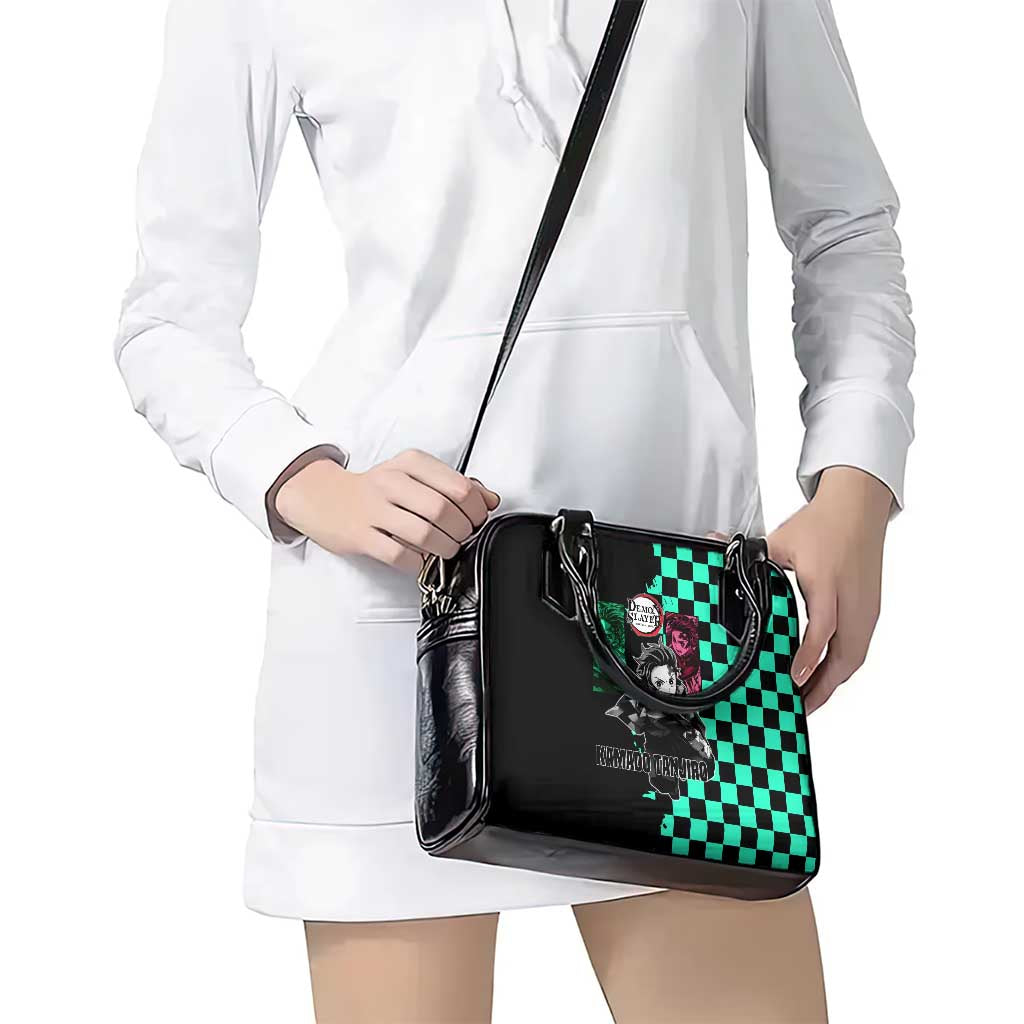 Tanjiro Kamado from Demon Slayer Shoulder Handbag with Green Black Checkered Pattern and Water Breathing Sword Pose Design - The Mazicc
