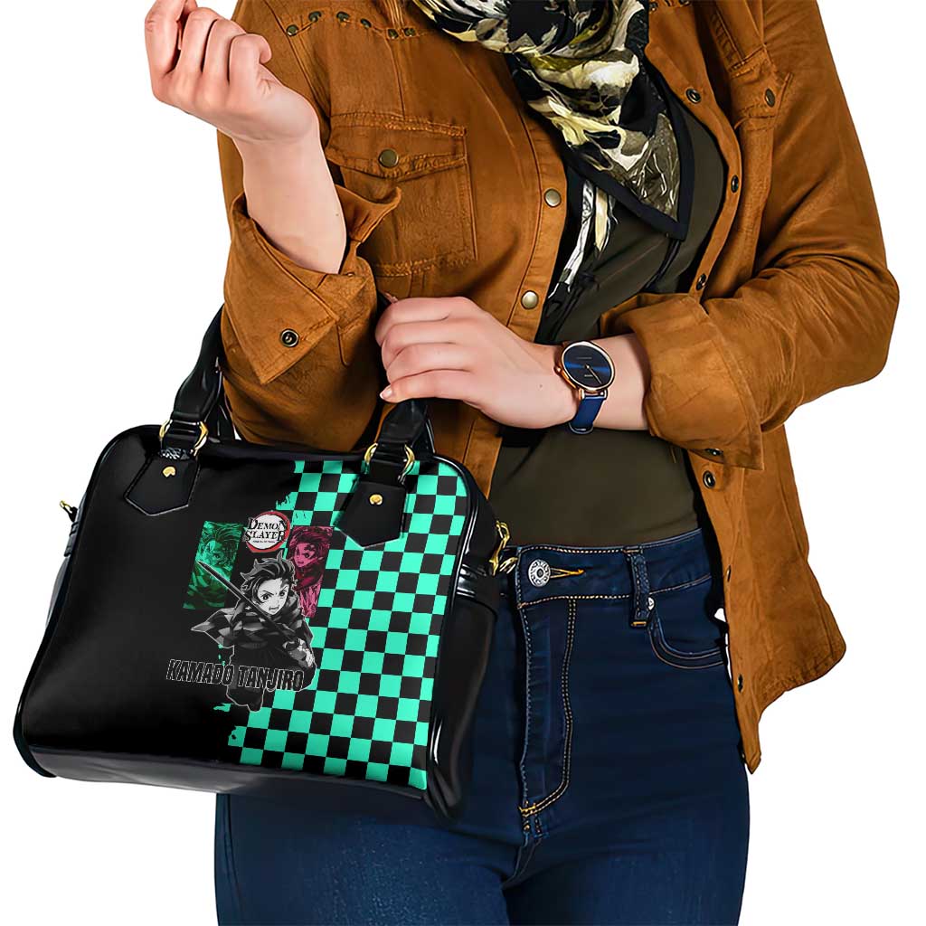 Tanjiro Kamado from Demon Slayer Shoulder Handbag with Green Black Checkered Pattern and Water Breathing Sword Pose Design - The Mazicc