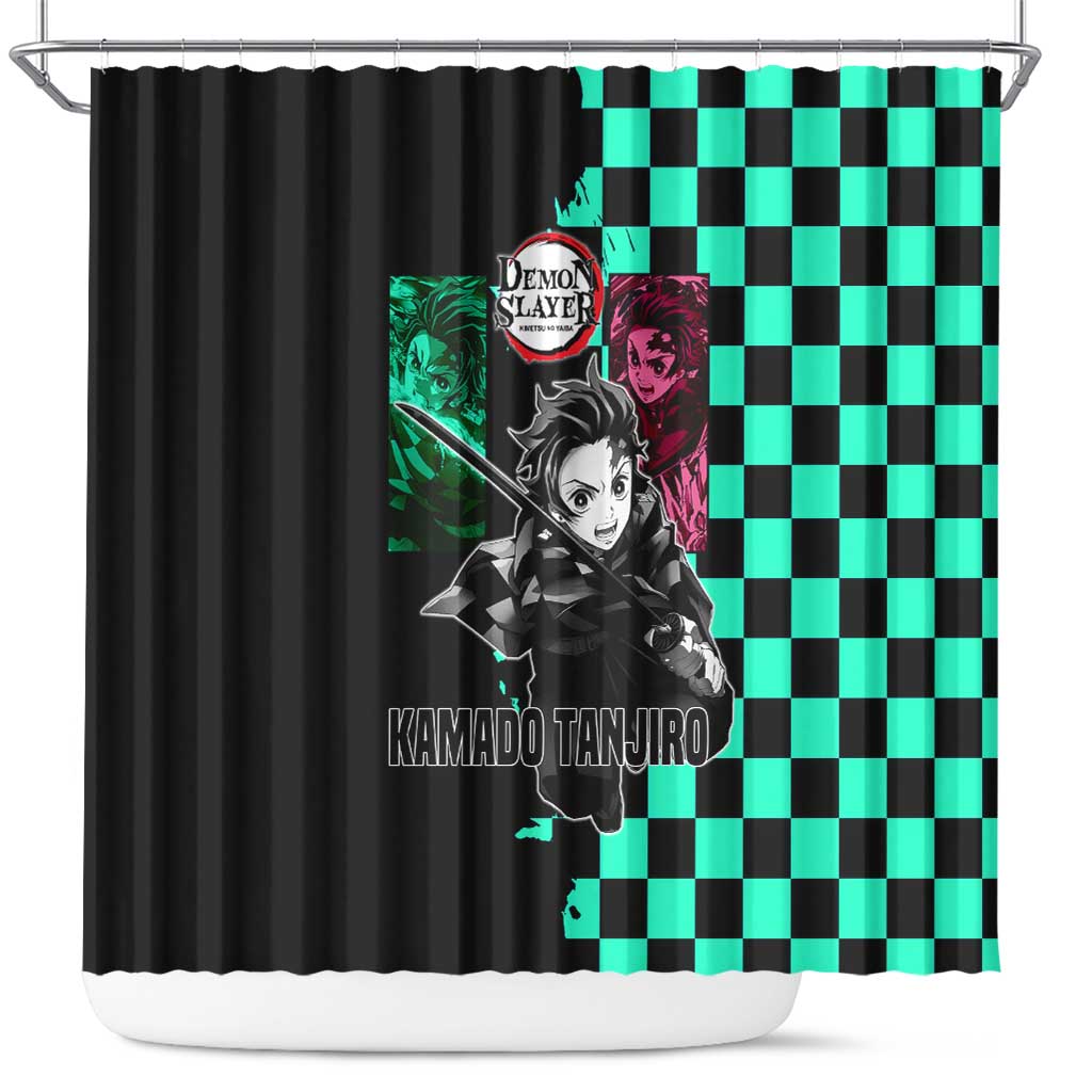 Tanjiro Kamado from Demon Slayer Shower Curtain with Green Black Checkered Pattern and Water Breathing Sword Pose Design - The Mazicc