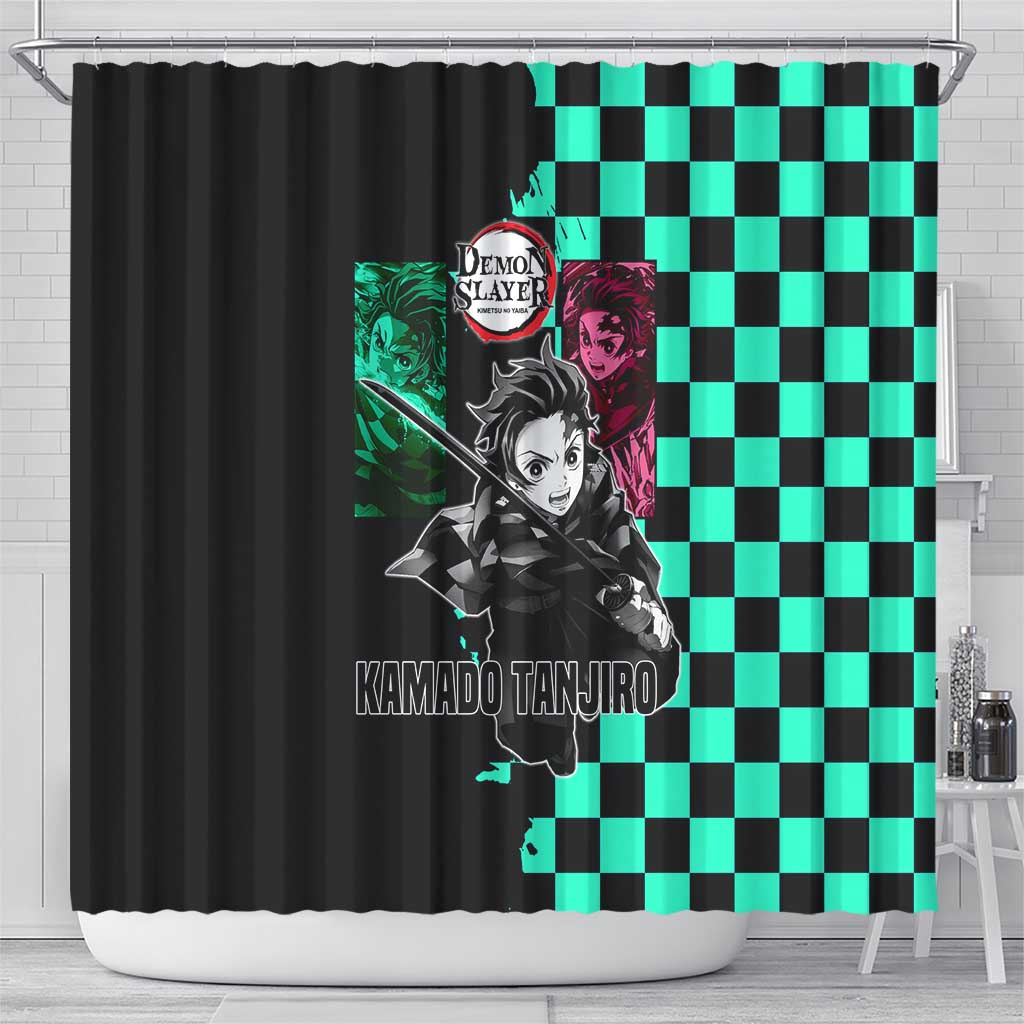 Tanjiro Kamado from Demon Slayer Shower Curtain with Green Black Checkered Pattern and Water Breathing Sword Pose Design - The Mazicc