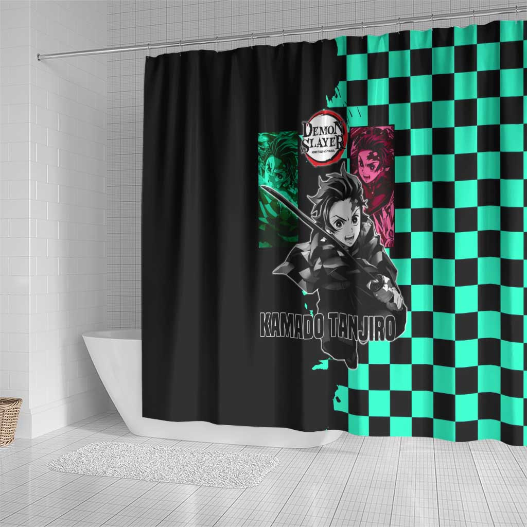 Tanjiro Kamado from Demon Slayer Shower Curtain with Green Black Checkered Pattern and Water Breathing Sword Pose Design - The Mazicc