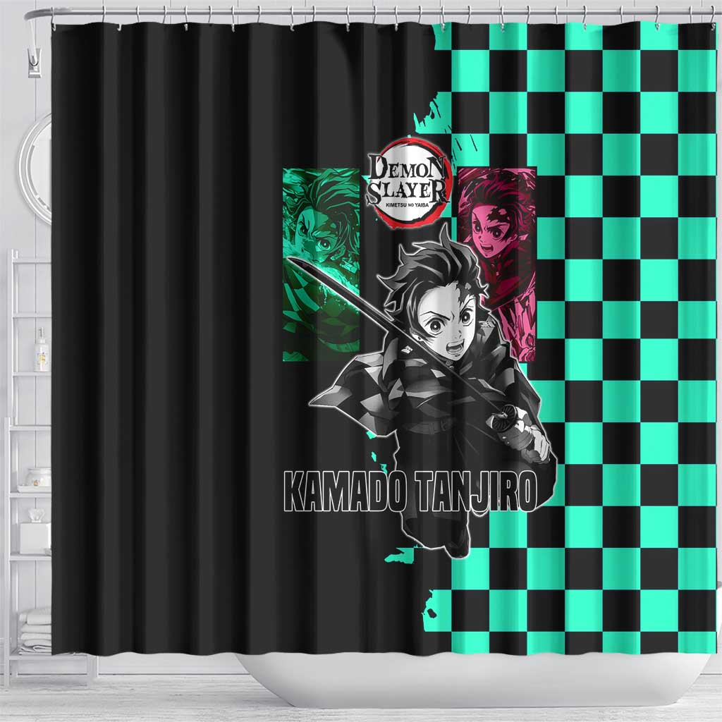 Tanjiro Kamado from Demon Slayer Shower Curtain with Green Black Checkered Pattern and Water Breathing Sword Pose Design - The Mazicc