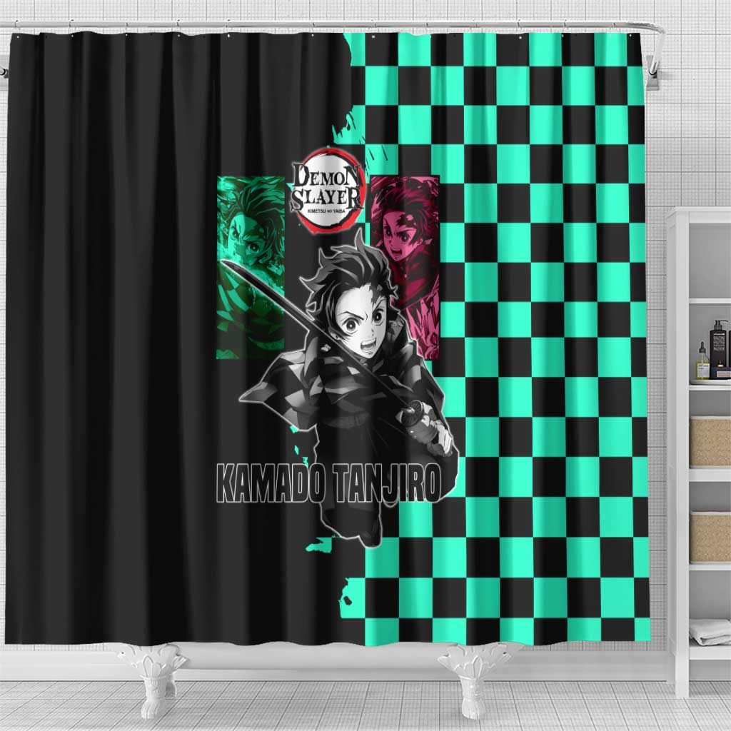 Tanjiro Kamado from Demon Slayer Shower Curtain with Green Black Checkered Pattern and Water Breathing Sword Pose Design - The Mazicc