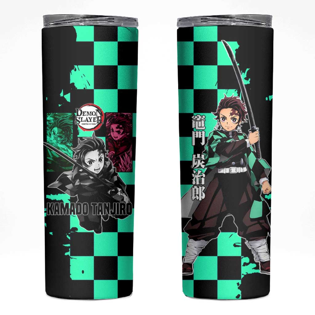 Tanjiro Kamado from Demon Slayer Skinny Tumbler with Green Black Checkered Pattern and Water Breathing Sword Pose Design - The Mazicc