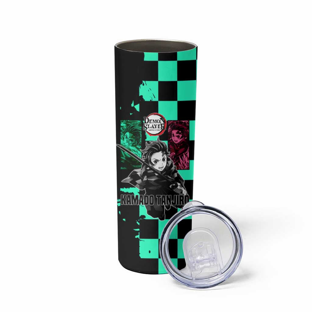Tanjiro Kamado from Demon Slayer Skinny Tumbler with Green Black Checkered Pattern and Water Breathing Sword Pose Design - The Mazicc