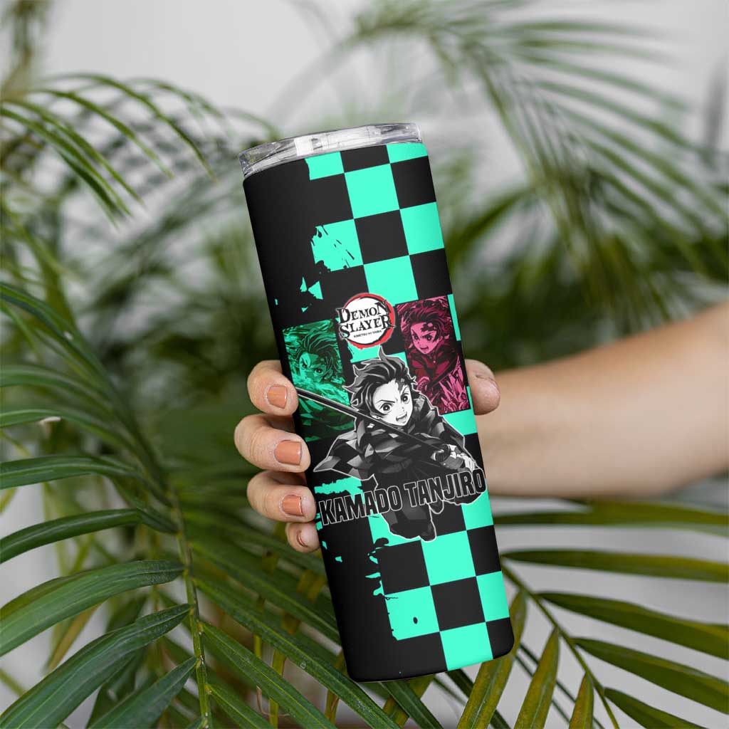 Tanjiro Kamado from Demon Slayer Skinny Tumbler with Green Black Checkered Pattern and Water Breathing Sword Pose Design - The Mazicc