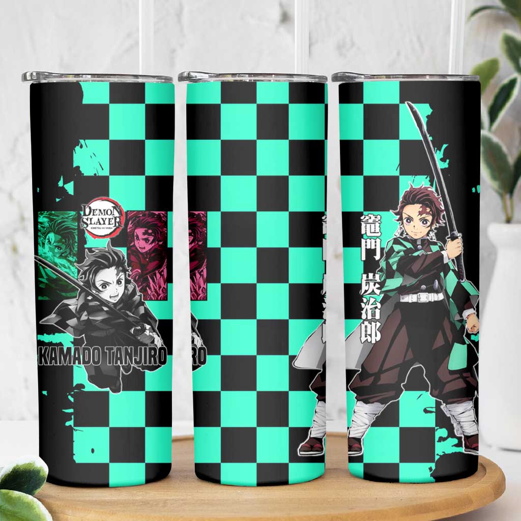 Tanjiro Kamado from Demon Slayer Skinny Tumbler with Green Black Checkered Pattern and Water Breathing Sword Pose Design - The Mazicc