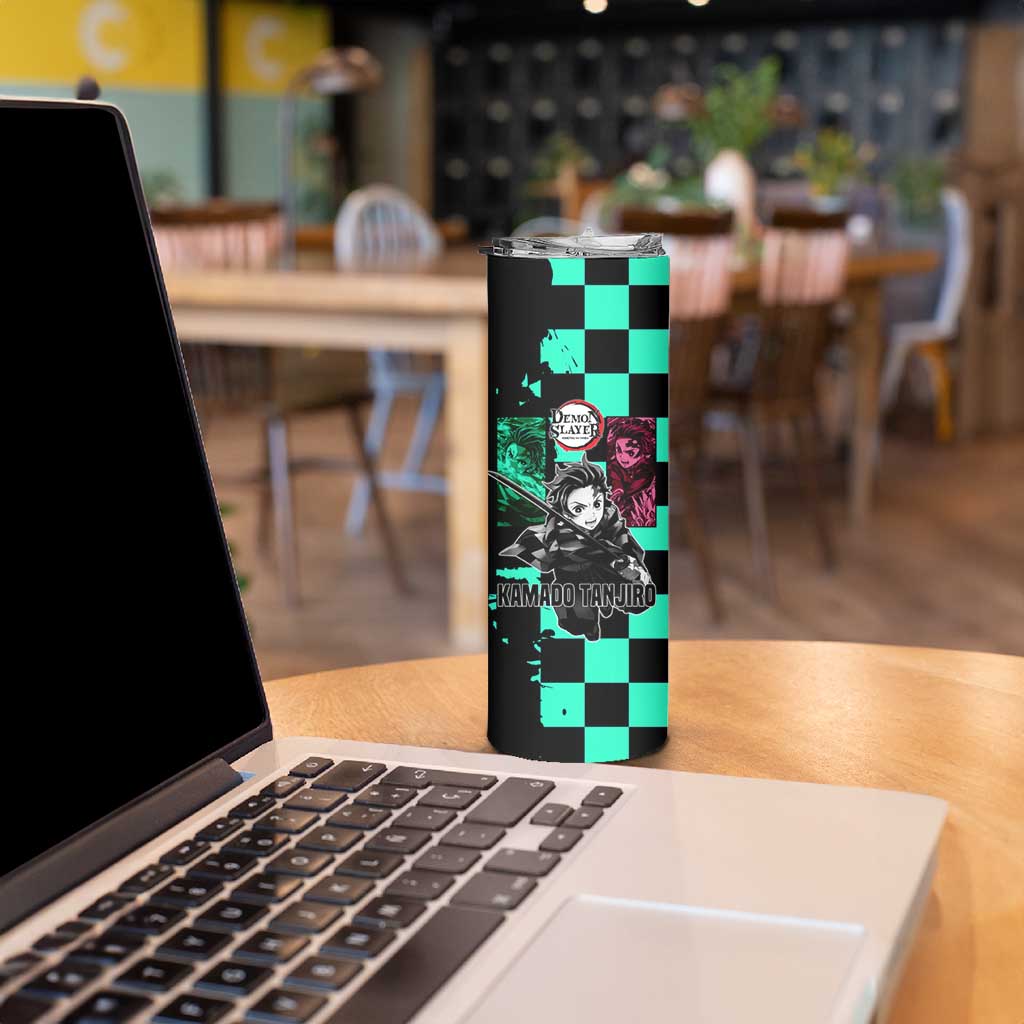 Tanjiro Kamado from Demon Slayer Skinny Tumbler with Green Black Checkered Pattern and Water Breathing Sword Pose Design - The Mazicc