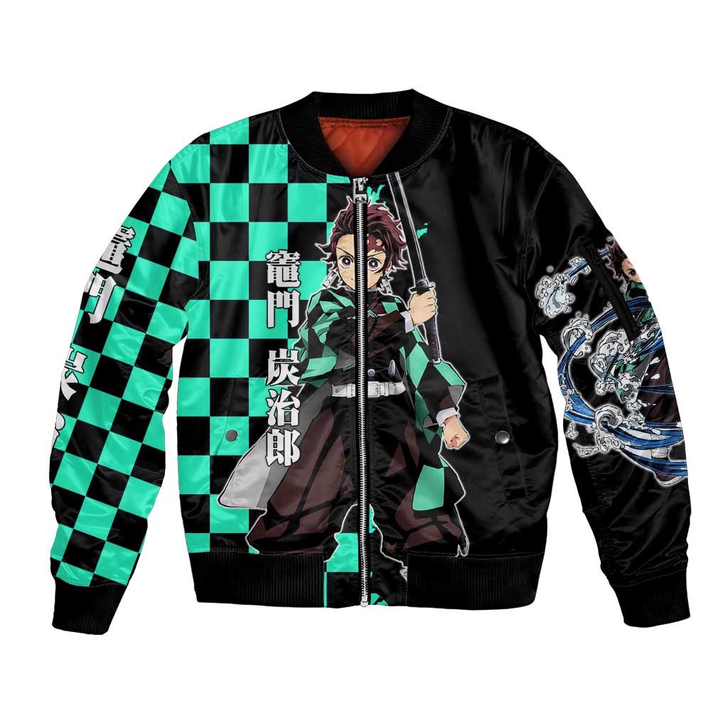 Tanjiro Kamado from Demon Slayer Sleeve Zip Bomber Jacket with Green Black Checkered Pattern and Water Breathing Sword Pose Design - The Mazicc