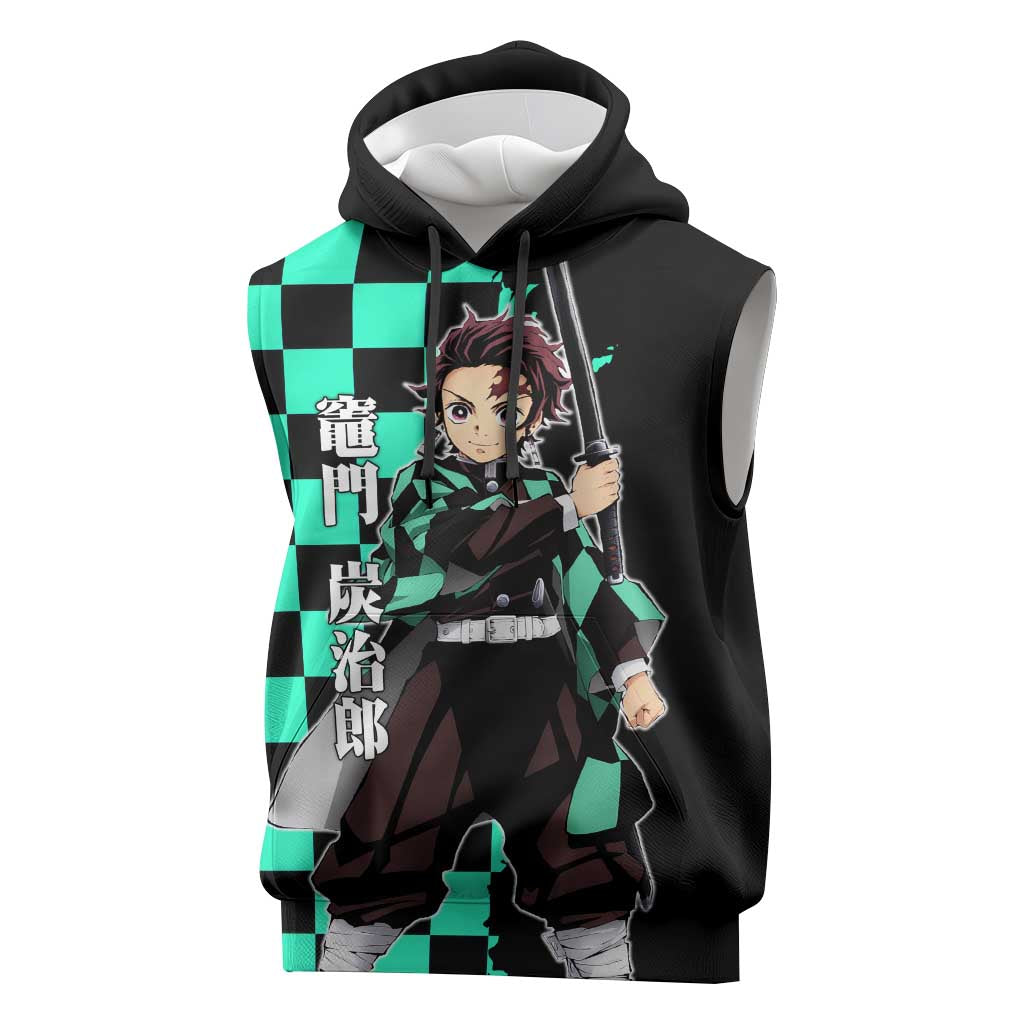 Tanjiro Kamado from Demon Slayer Sleeveless Hoodie with Green Black Checkered Pattern and Water Breathing Sword Pose Design - The Mazicc