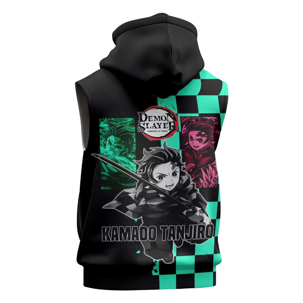 Tanjiro Kamado from Demon Slayer Sleeveless Hoodie with Green Black Checkered Pattern and Water Breathing Sword Pose Design - The Mazicc