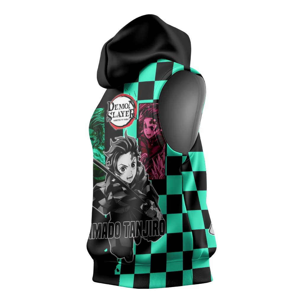 Tanjiro Kamado from Demon Slayer Sleeveless Hoodie with Green Black Checkered Pattern and Water Breathing Sword Pose Design - The Mazicc