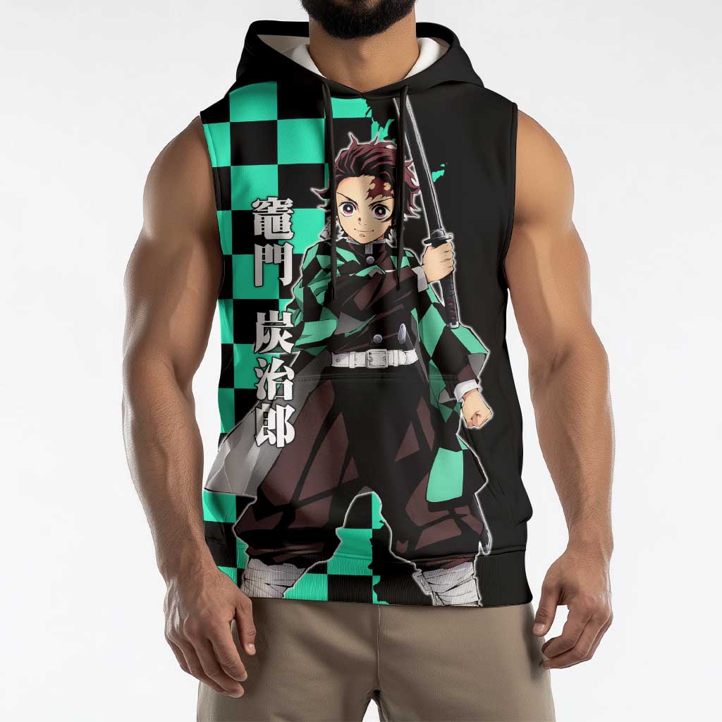 Tanjiro Kamado from Demon Slayer Sleeveless Hoodie with Green Black Checkered Pattern and Water Breathing Sword Pose Design - The Mazicc