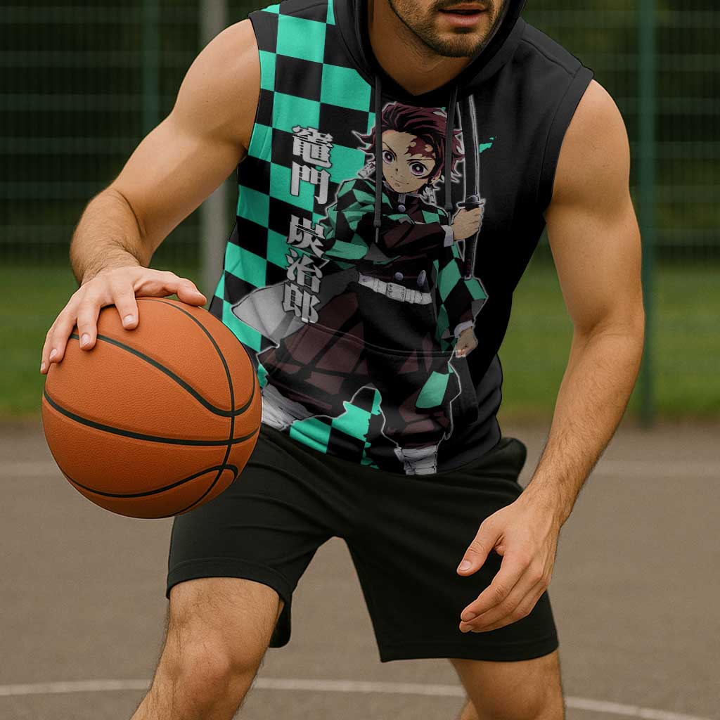 Tanjiro Kamado from Demon Slayer Sleeveless Hoodie with Green Black Checkered Pattern and Water Breathing Sword Pose Design - The Mazicc