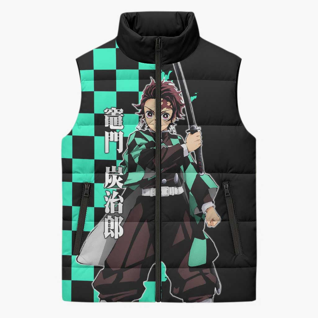 Tanjiro Kamado from Demon Slayer Sleeveless Puffer Jacket with Green Black Checkered Pattern and Water Breathing Sword Pose Design - The Mazicc